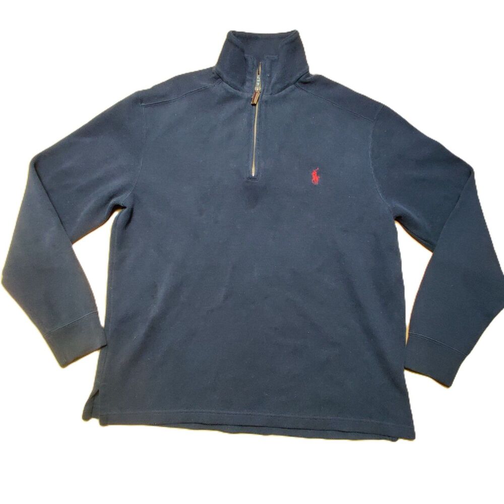 Polo Ralph Lauren Quarter Zip Sweater Mens M Navy Blue Red Pony Logo 100% Cotton